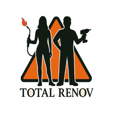 Logo de Total Renov avec deux silhouettes, un outil à main et un chalumeau.
