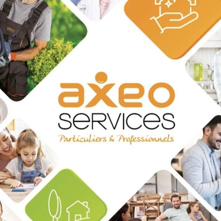 Logo d'Axeo Services avec des images de services divers pour particuliers et professionnels.