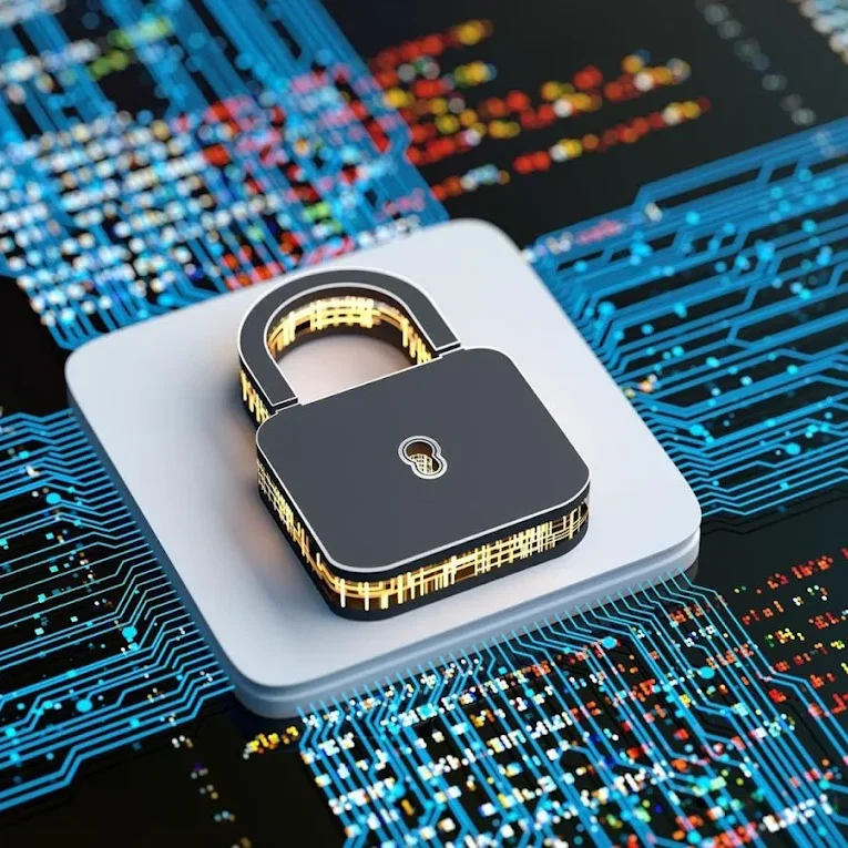 Symbole de sécurité avec un cadenas sur un fond de circuits numériques.
